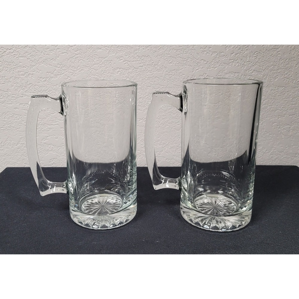 Unmarked Heavy Clear Glass Beer Sport Mugs 25 oz Sunburst Bottom Set of 2
